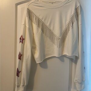 White Cropped Sweater with Sparkly Fringe and Star Details